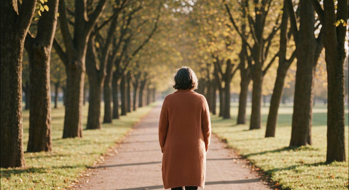 Mulher caminhando em parque, em luz de outono.