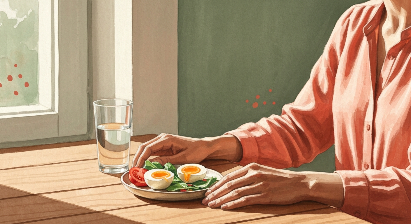 Mãos sobre uma mesa com fruta e copo d'água, em luz quente.
